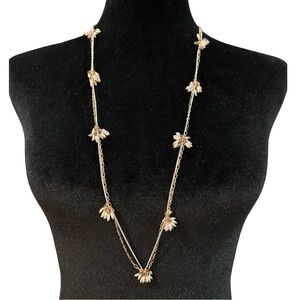 Beaded Crystal Flowers Necklace Multi Strand Long Length Gold Tone White Pink